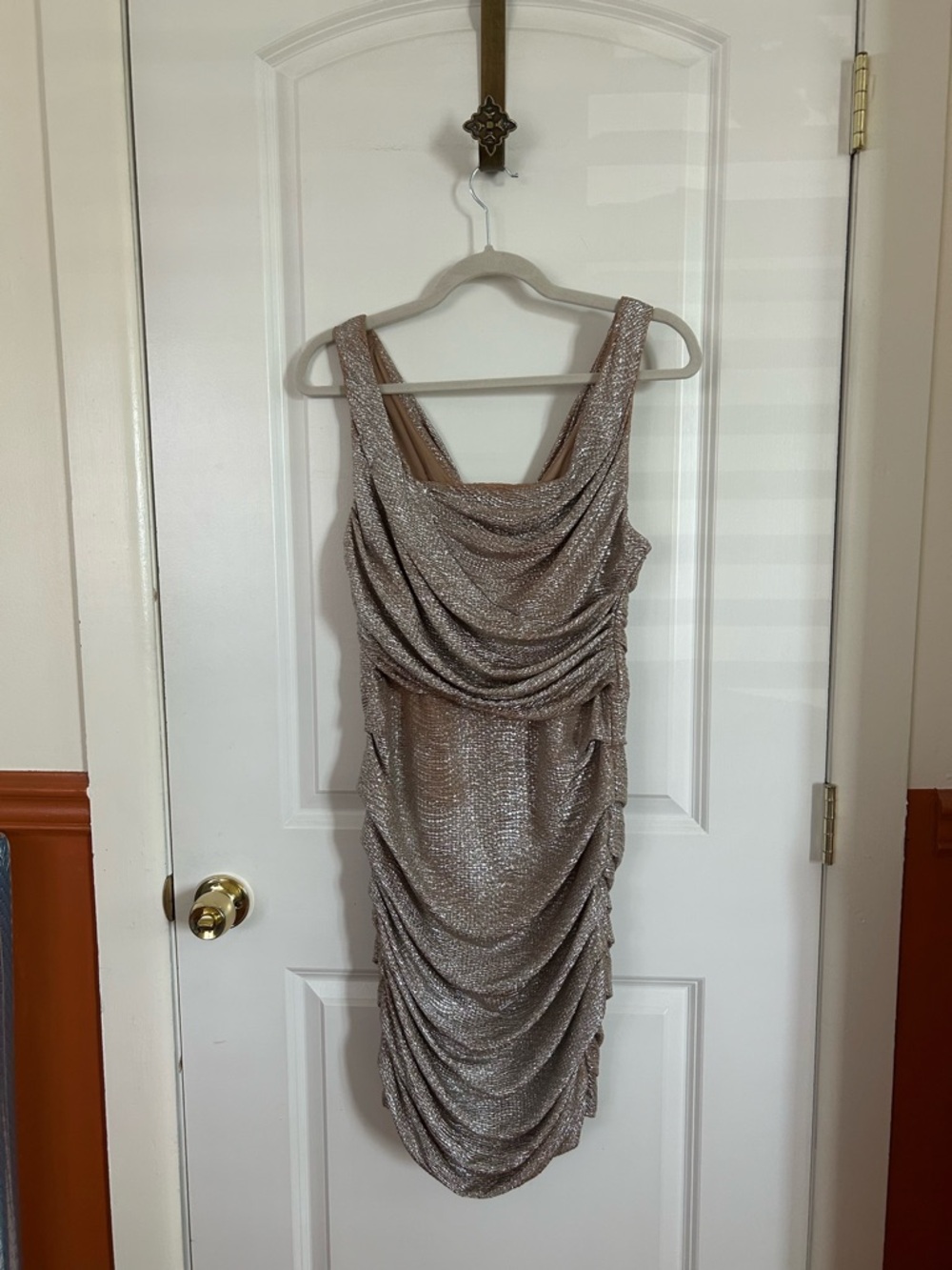 Express Shimmery Ruched Cowl Midi Dress - Champagne